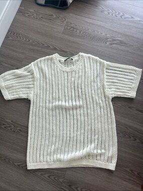 Oak + fort Cream Open-Knit Short Sleeve Sweater